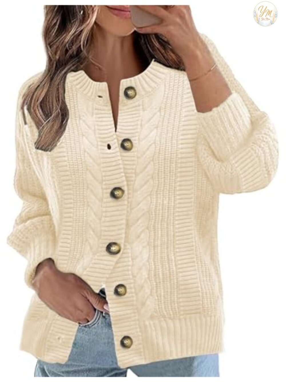 Cable Knit Open Front Cardigan Button Sweater Acrylic Loose Fit